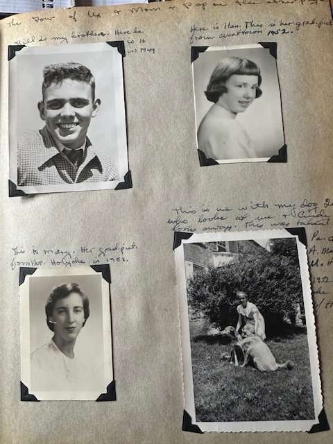 From my photo album. Bill 1949, Hannah 1952 (prep school graduation), Mary 1951 college graduation), Abigail 1952 (at Aunt Mary and Uncle Henry’s wonderful farm)