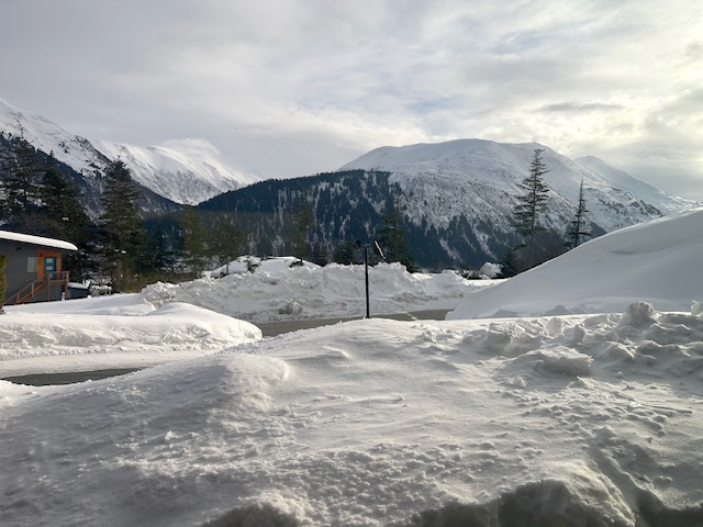 View out our apartment window in Douglas of Mt. Juneau and Mt. Roberts.
