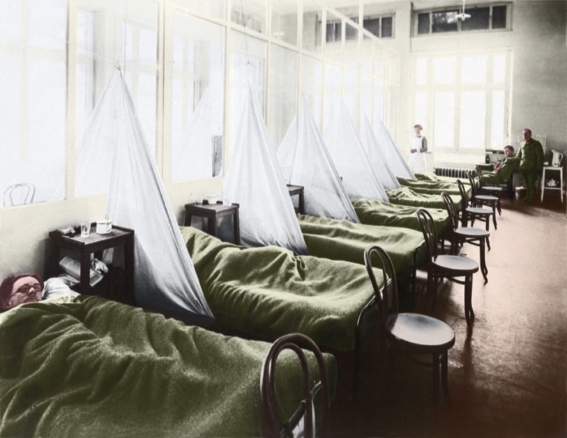 An influenza ward at a U.S. Army Camp Hospital in France during the Spanish flu pandemic of 1918.