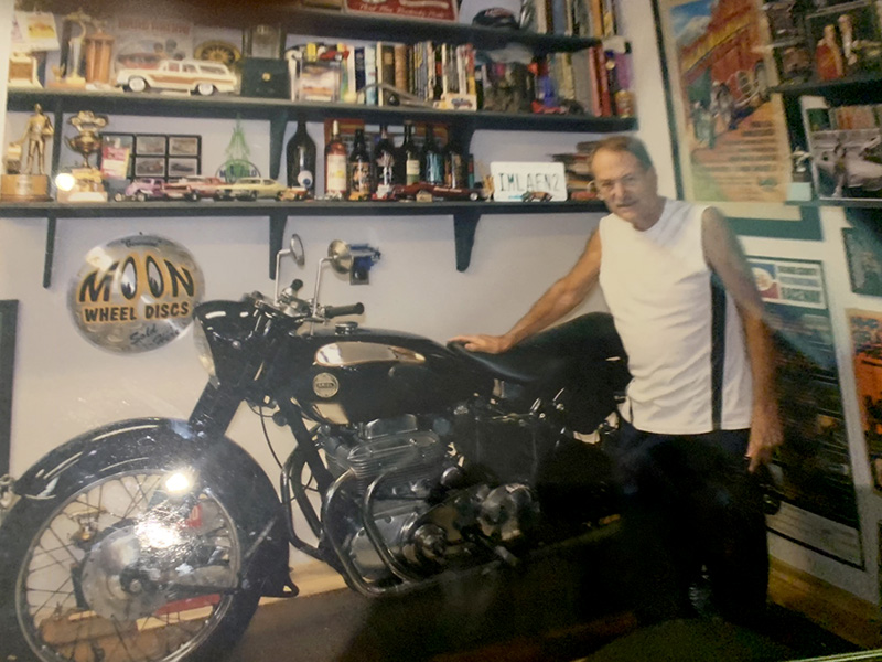Shel in his very tidy garage with his 1957 Ariel Square Four. When we rode it in the early 1960s, it sported a windshield. Or maybe it has a bedroom all of its own! 
